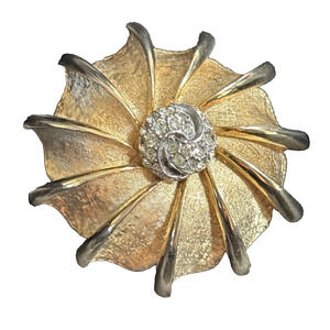 Vintage BSK Brushed Gold Tone Rhinestone Statement Brooch Pin 2 1/4" Dome Shape
